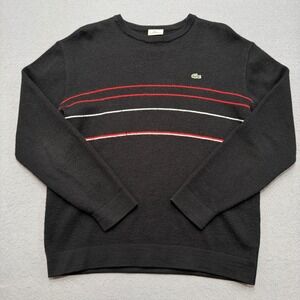 Lacoste Sport Sweater Mens 5 Black Crewneck Knit Wool Blend Striped Vintage